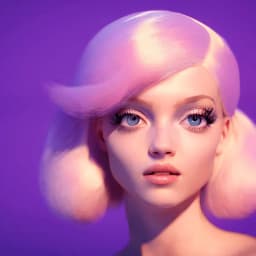 AI-generated image of young white woman with blue eyes, long eyelashes and pink puffy hair