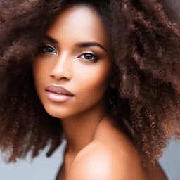 AI-generated image of young black woman with brown eyes, large curly brown afro and exposed shoulder